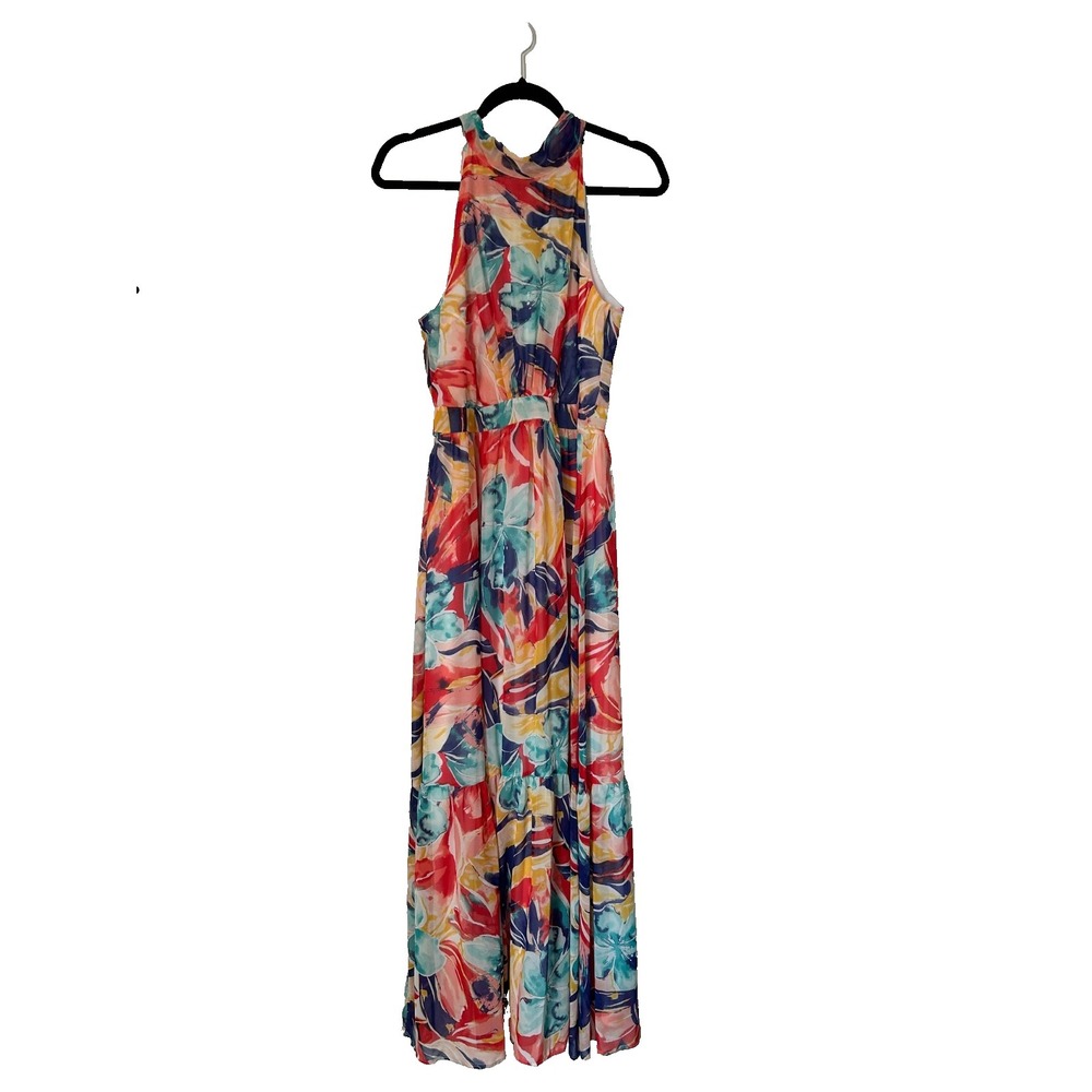 Tahari Halter Maxi Dress Size 12 Multicolor Floral Sleeveless Tiered Abstract